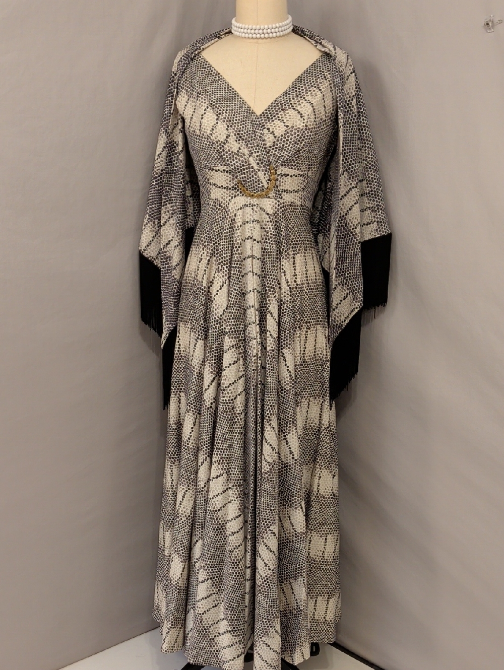 Vintage Snakeskin Print Maxi Dress with Fringe Shawl Low Neckline & Circle Skirt